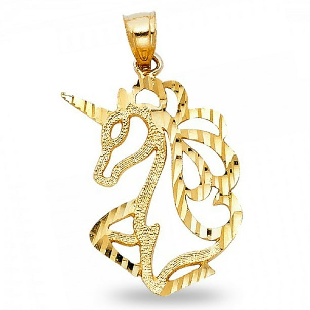14K Solid Yellow Gold Unicorn Pendant Horse Diamond Cut Necklace Charm Women